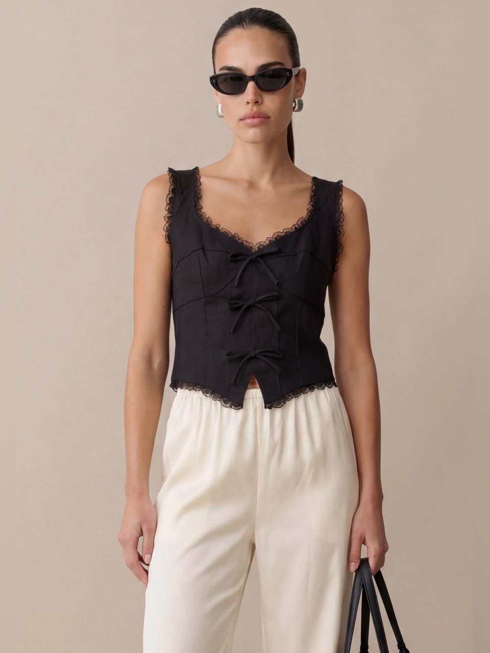 Few Moda kourt Giogia Linen Top Lace-Trim Tie-Front Black Tank Top size 6